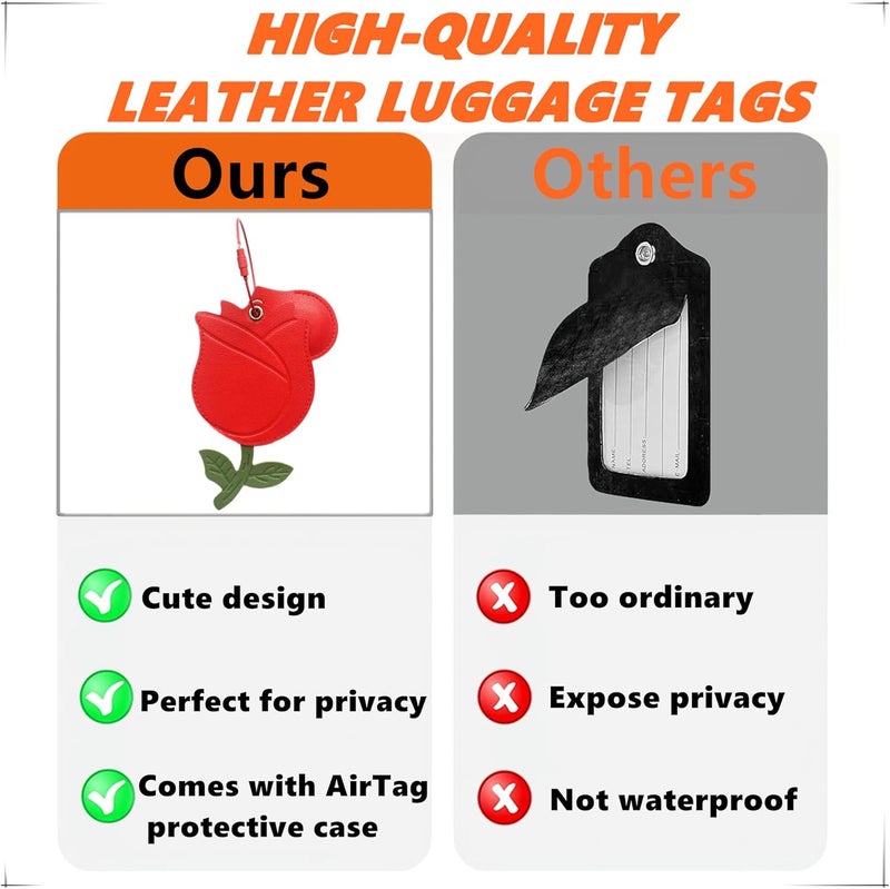 ZOUITY Cute Leather Luggage Tag Holder with Airtag Case Set,Hidden Compartment for AirTag Travel Suitcase Tracking Case with Stainless Steel Loop,Name ID Label(Red Rose) - Image 3
